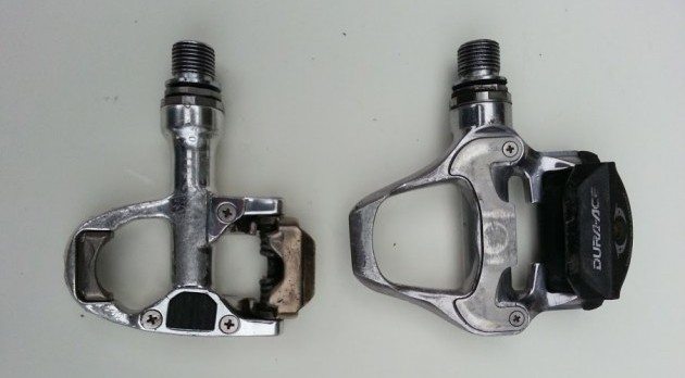 Shimano Dura-Ace SPD-SL with its much wider pedaling platform than the SPD-R