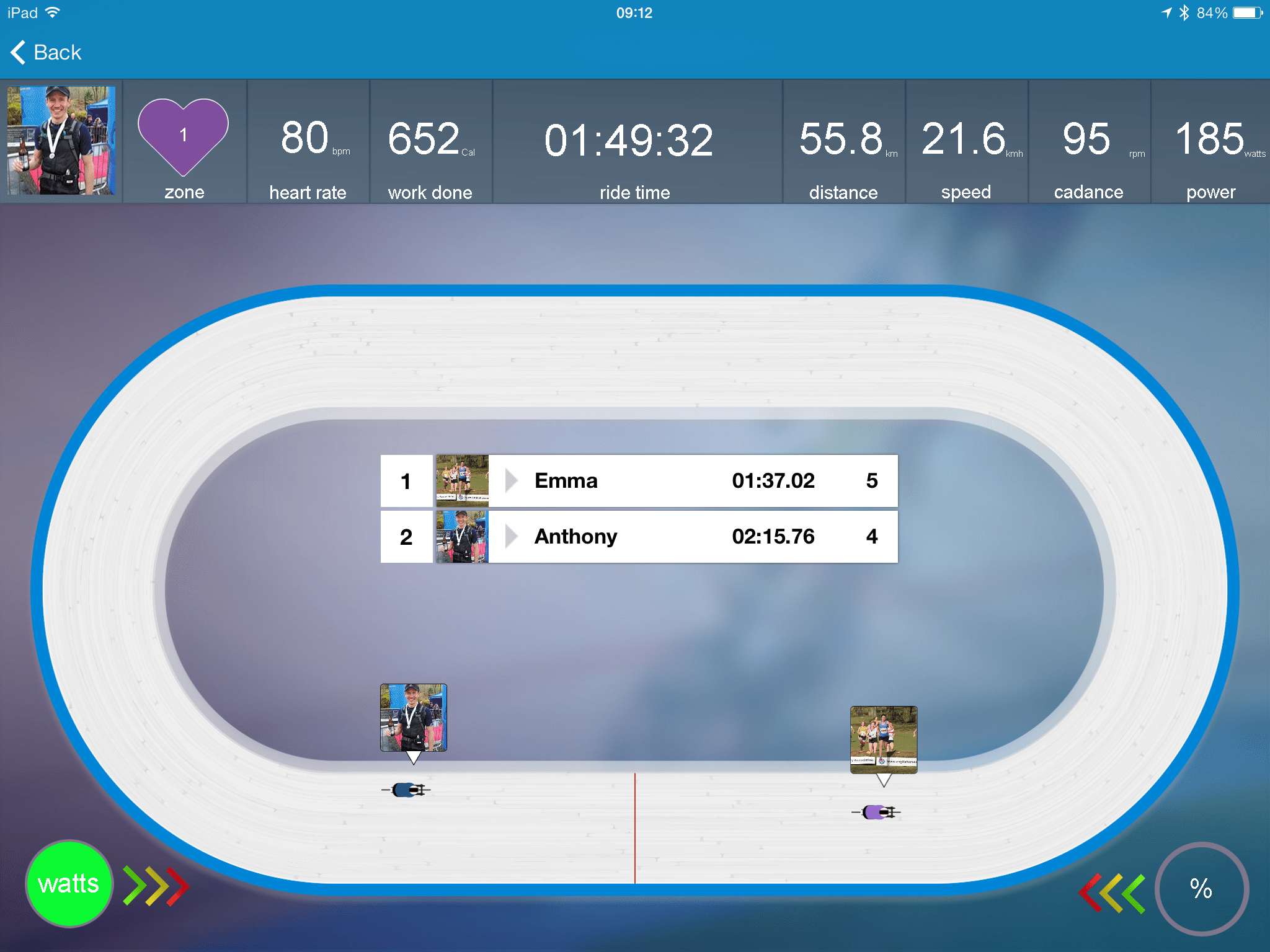 Velo_trainer has your virtual self cycling around a simplified velodrome
