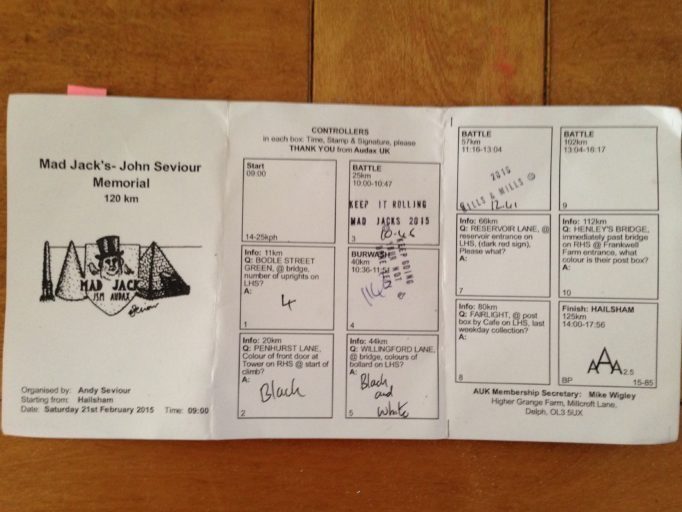 Kepping it simple, no electronic tags, just a paper Brevet card, with questions to check you actually visited the checkpoint. This is from the Mad Jack's ride.