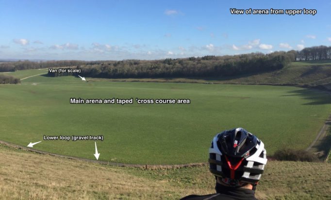 A handily placed riders head and a van provide an idea of scale in this photo of the course