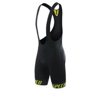 SL ELITE WR BIB SHORT in BLACK/NEON YELLOW. Front and back in water resistant panels to keep you dry.