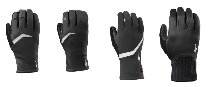 Left to right are Specialized's Element 1.5, Element 2.0, Deflect H2O and Deflect gloves. Winter sorted.
