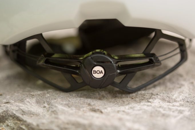 rear of the Bontrager XXX Wavecell road bike helmet showing the BOA dial with an out of focus background.