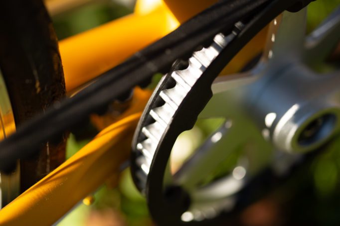 detail of the front crank with Gates carbon belt drive on the brilliant bikes Carmen