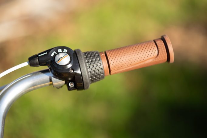 detail of the grip shift and brown handlebar grip on the brilliant bikes Carmen